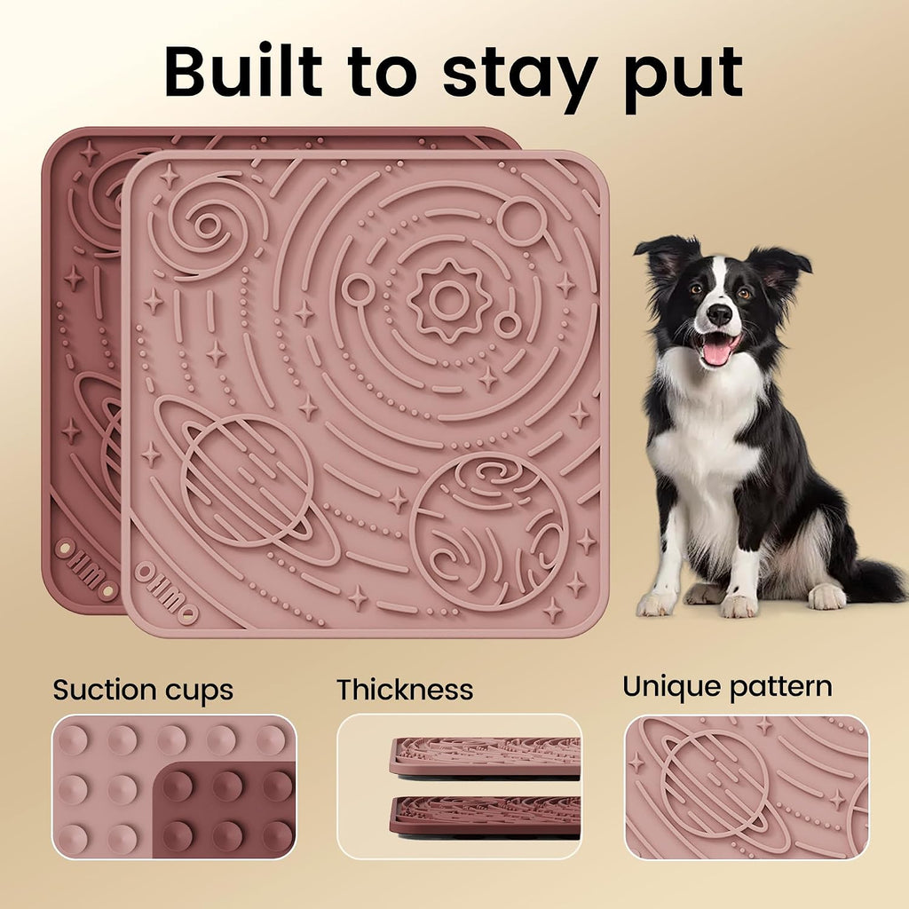 OHMO Lick Mat for Dogs&Cats, Space Pattern, Small, 2pcs, Brick Red&Coral | Pet Enrichment Toys, Slow Feeder, Textured Silicone Surface, Strong Suction Cups, Anxiety&Boredom Relief, Easy-Clean
