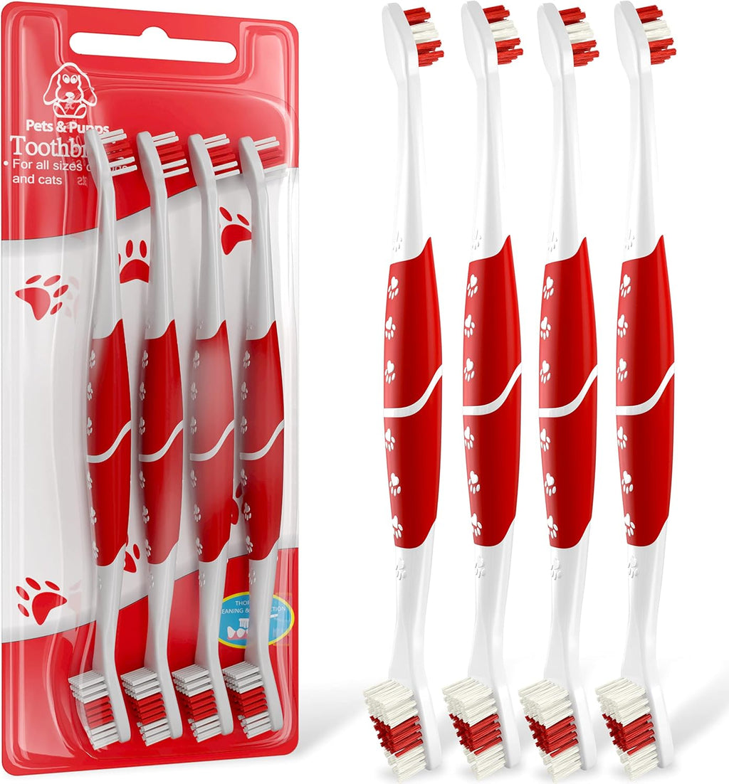 Pet Toothbrush for Dogs, Cats with Soft Bristles - Easy Teeth Cleaning & Dental Care, Non Slip Dual Head Dog Toothbrush for Medium & Large Pets, Toothpaste Not Included, Pack of 4 Red 
