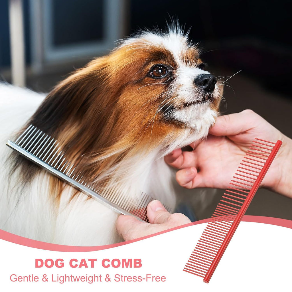 Dog Cat Comb, Pet Combs Stainless Steel Teeth with Rounded Ends for Knots Mats Loose Hair Removal, 6.5IN (Red Coated, 3 Pack), Grooming Tool Intended for Long Curly Hair Pet