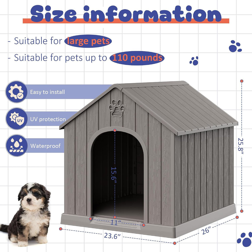 Bifanuo Outdoor Indoor Dog House for Small & Medium Dogs - Weatherproof Shelter with Elevated Floor, Hidden Vents & Tool-Free Assembly (Classic Grey, 26" L x 23.6" W x 25.8" H)