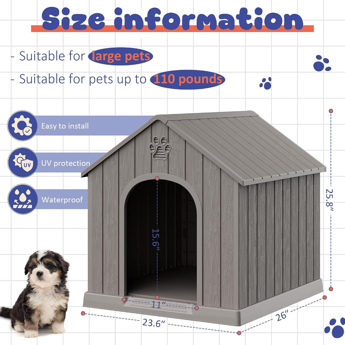 Bifanuo Outdoor Indoor Dog House for Small & Medium Dogs - Weatherproof Shelter with Elevated Floor, Hidden Vents & Tool-Free Assembly (Classic Grey, 26" L x 23.6" W x 25.8" H)