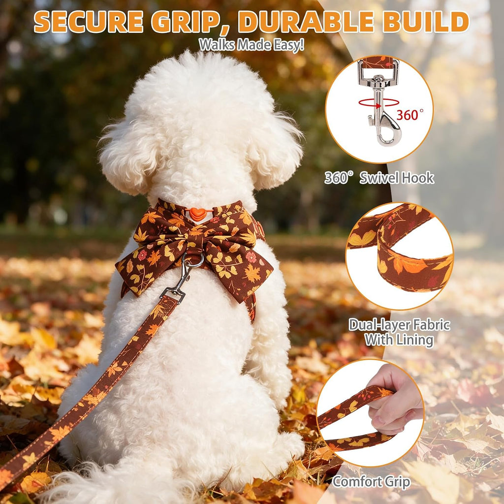 KOOLTAIL Fall Dog Harness and Leash Set for Small Medium Dogs Cats,Thanksgiving Cute Puppy Vest Harnesses with Bowtie, Step in No Pull Soft Mesh Padded Adjustable Harness for Extra-Samll Pet Boy Girl
