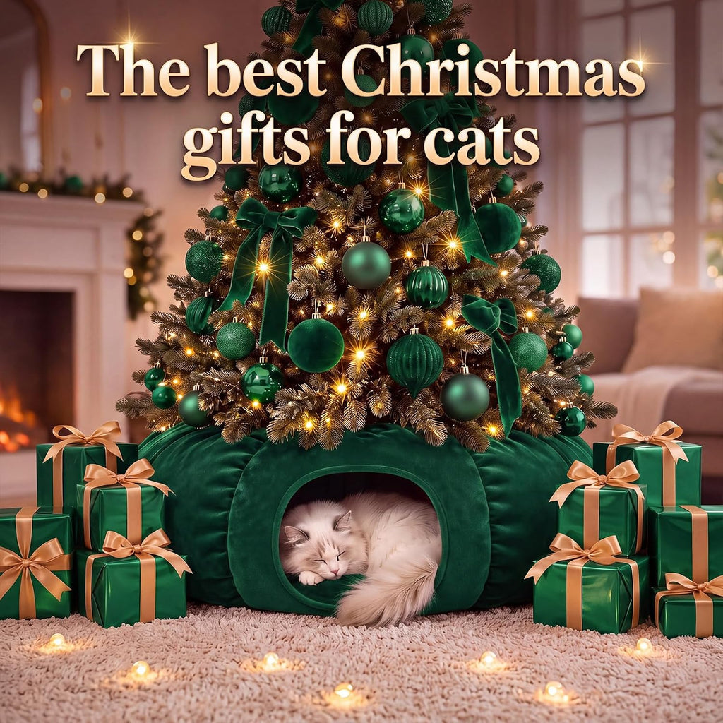 Christmas Tree Cat Tunnel 36 in Donut Bed, Green, Velvet, Fluffy