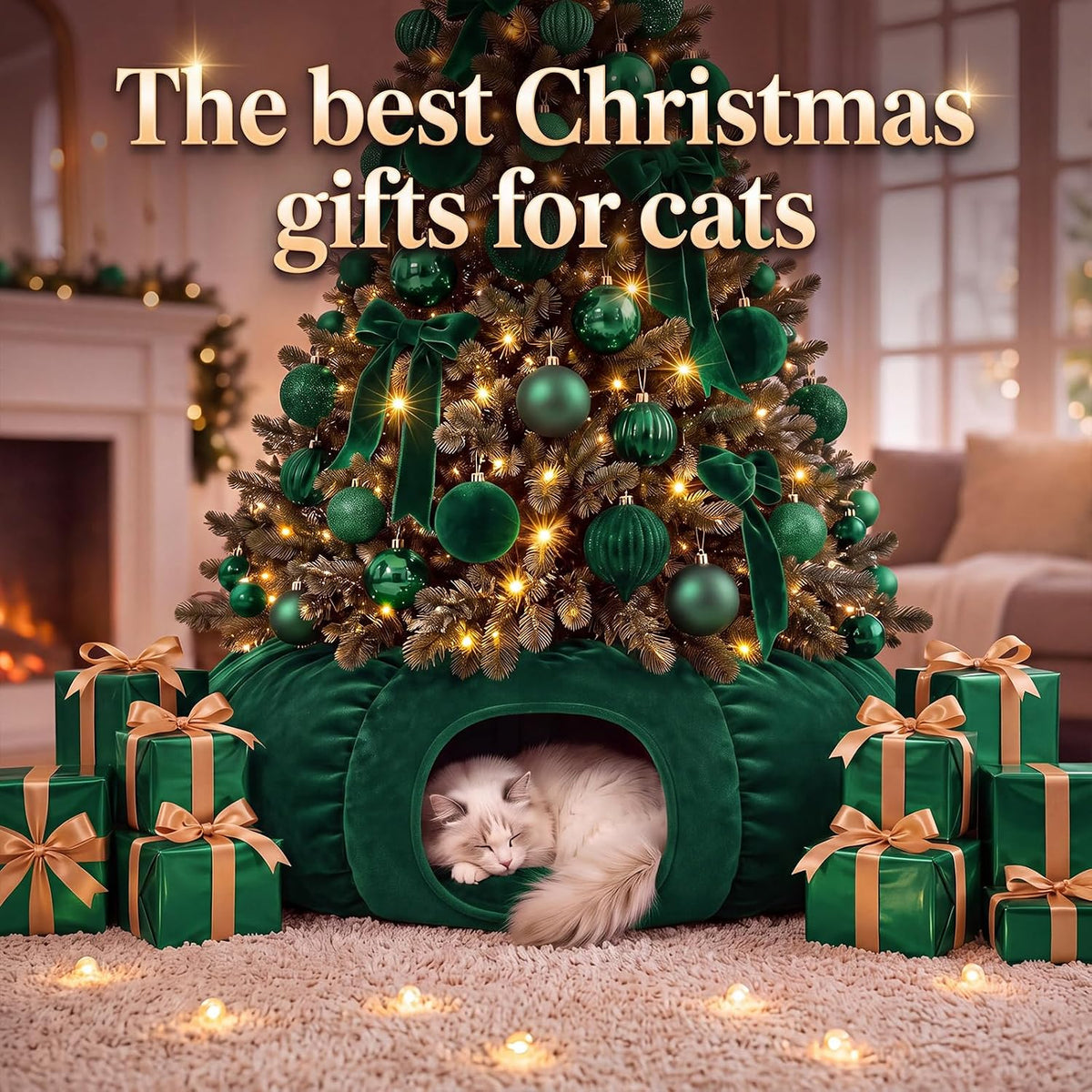 Christmas Tree Cat Tunnel 36 in Donut Bed, Green, Velvet, Fluffy