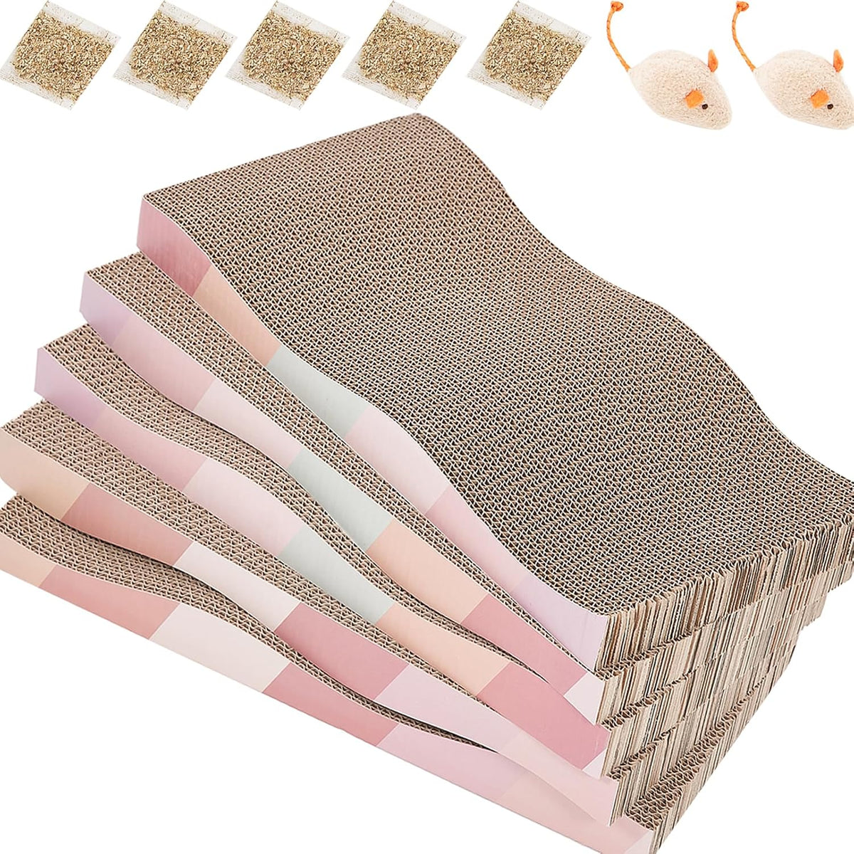 SIDAZON Cat Scratching Pads Cardboard Cat Scratchers for Indoor Cats Reversible Large Wide Corrugated with Catnip and Mini Toy(5pcs)