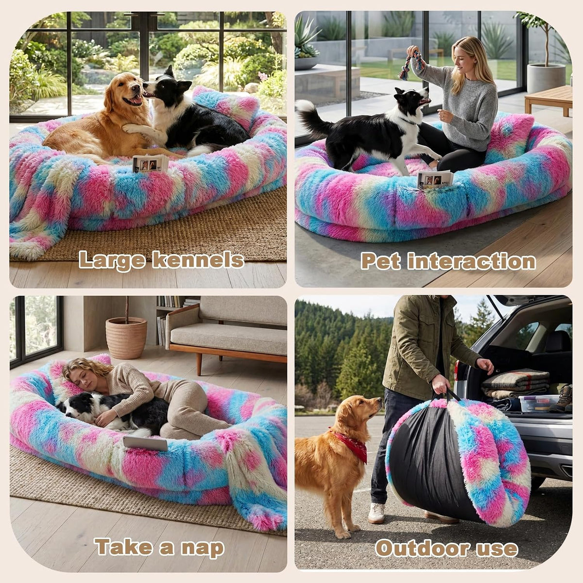WROS Human Dog Bed for Adult, 71"x45"x12" Giant Calming Nest Beds, Rainbow