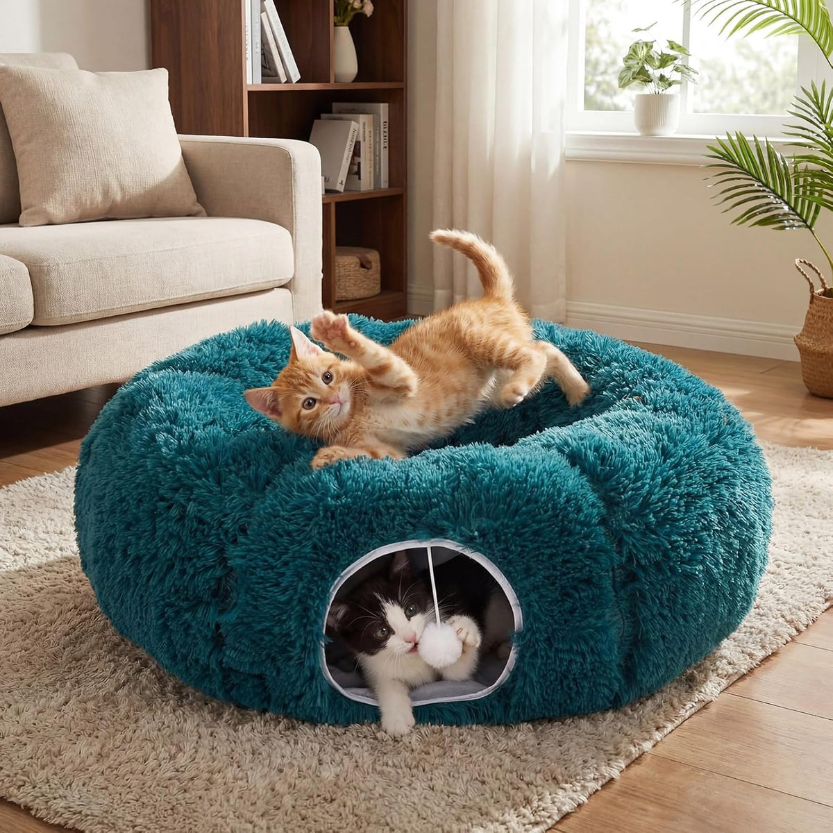 Christmas Tree Cat Tunnel 36 in Donut Bed, Green, Plush, Fluffy
