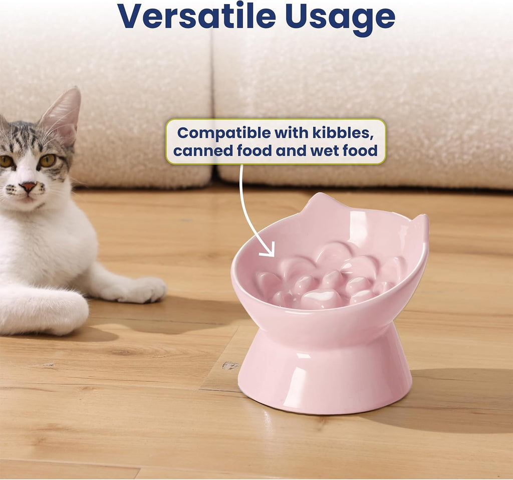 PawsPik Lynx Ceramic Raised Slow Dog & Cat Elevated Food Bowl, Quartz Pink