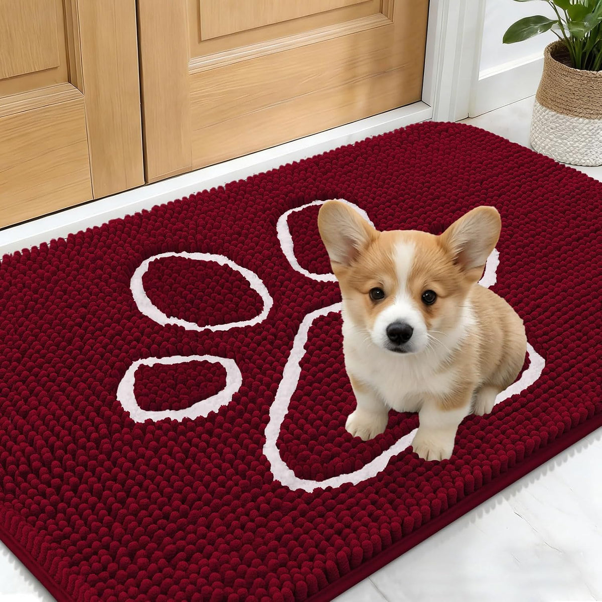 OLANLY Dog Door Mat for Muddy Paws 24x16, Paw Print Design Chenille Mud Mat