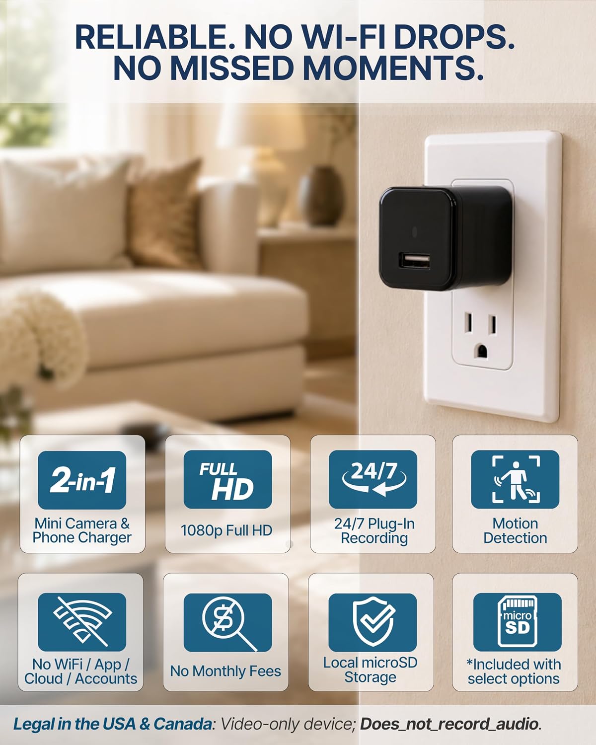 Plug-in Full HD Dome Camera - Premium Reliable 1080p Pet Cam with Motion Detection - Easy No-WiFi Setup & Data Protection - Ideal for Pet Nanny Use, with 64GB Card