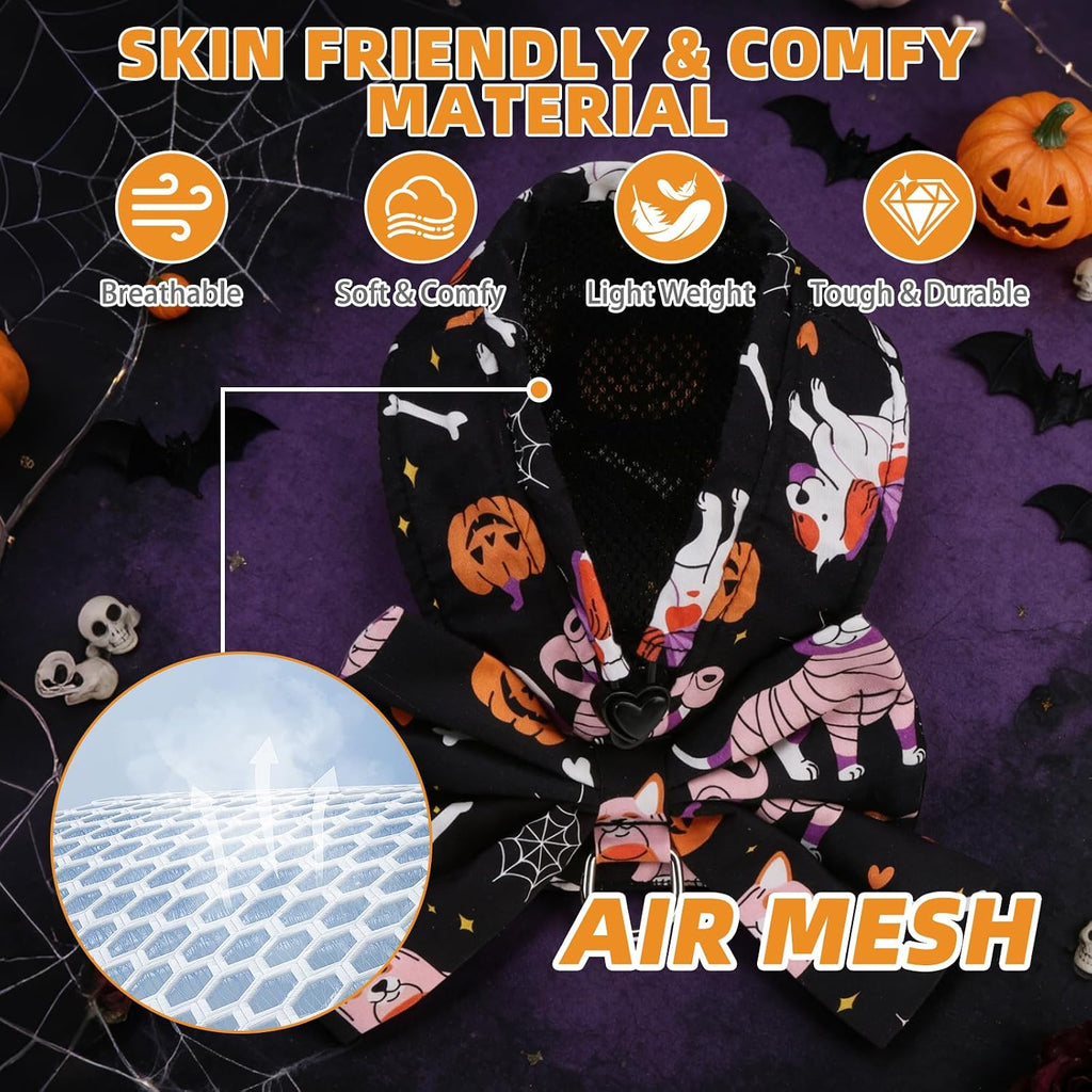 KOOLTAIL Halloween Dog Harness and Leash Set for Small Medium Sized Dogs Cats, Cute Puppy Vest Harnesses with Bowtie, Step in No Pull Soft Mesh Padded Adjustable Pet Harness Boys Girls, Pumpkin S