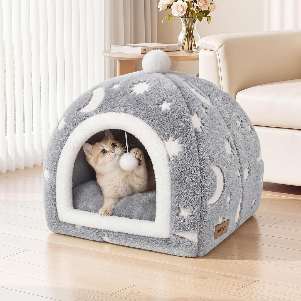 Glow in the Dark Cat Cave Bed, 2-in-1 Foldable Indoor Cat Tent Cat House
