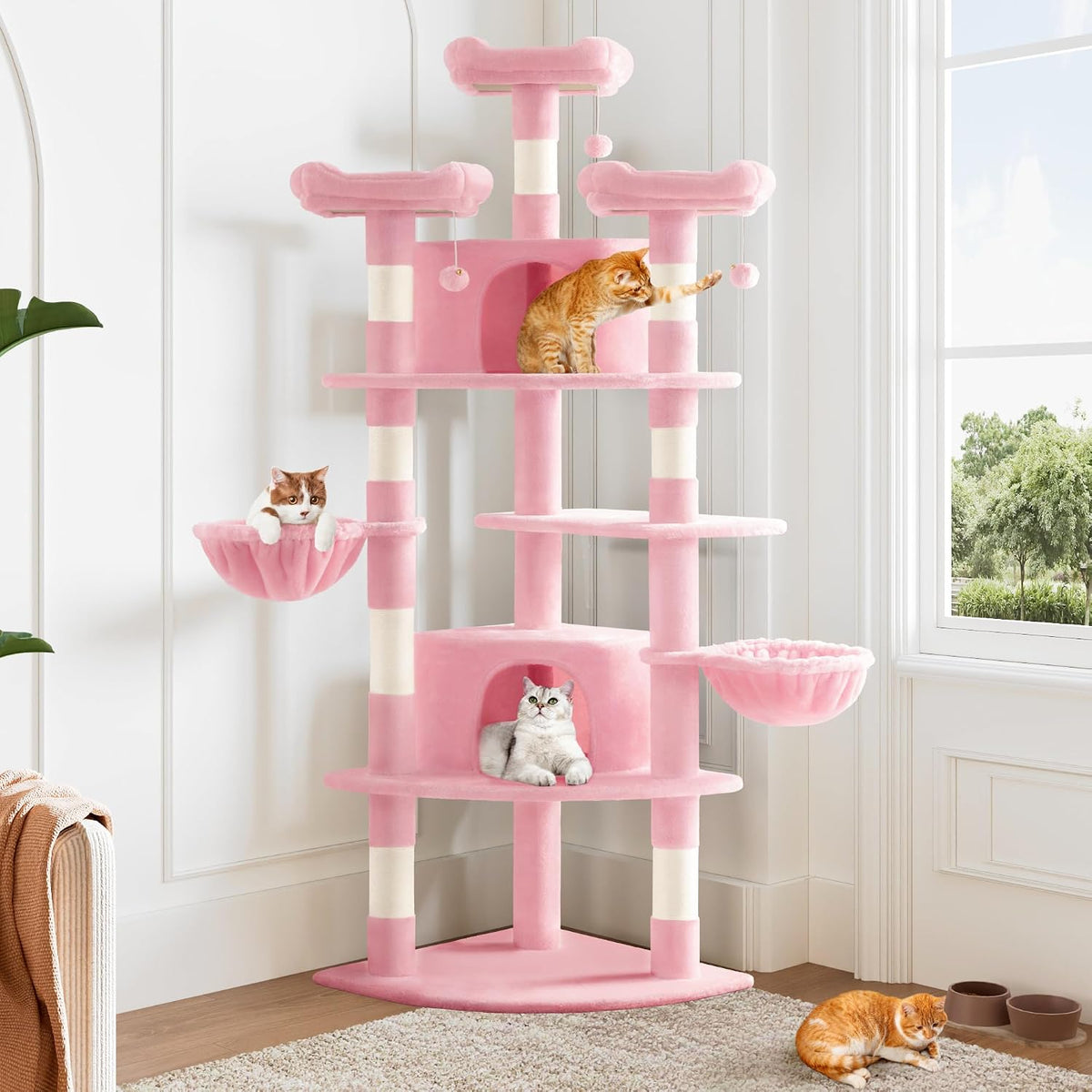 Allewie 73in Fan-Shaped Space-Saving Corner Cat Tower/Multi-Level Tall Cat Tree for Indoor Kitties/Cozy Baskets/Condos/House/Perches/Sisal Scratching Posts/Pet Activity Center/Pink