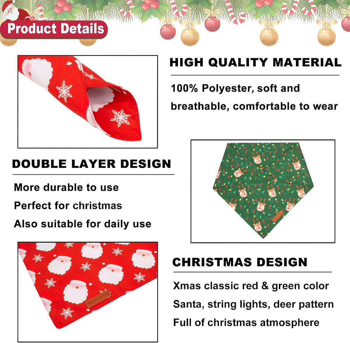 ADOGGYGO Christmas Dog Bandanas 2 Pack, Santa Deer Pattern Pet Xmas Scarf Bib, Premium Durable Fabric, Pet Christmas Bandanas for Large and Extra Large Dogs (X-Large)