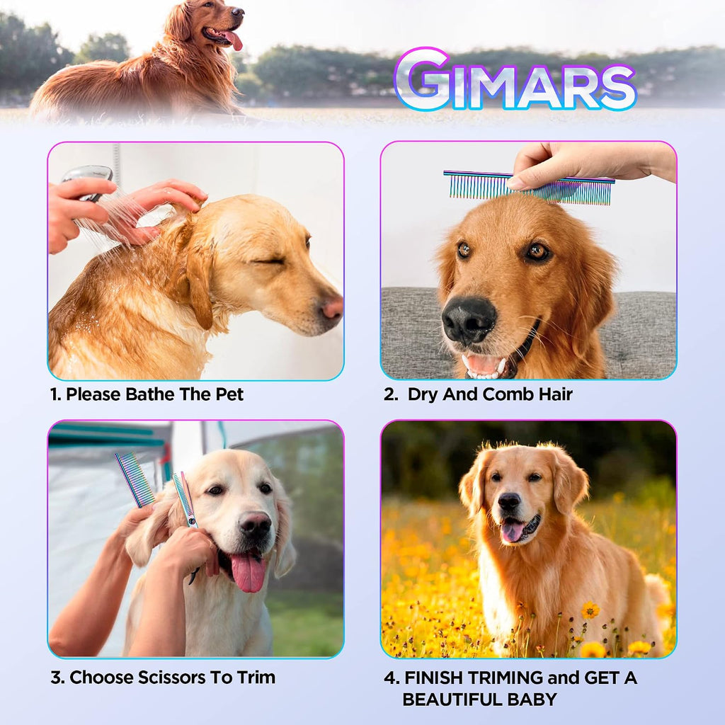 Gimars Professional 4CR Stainless Steel 6 in 1 Grooming Scissors for Dogs with Safety Round Tip, Heavy Duty Titanium Coated Pet Grooming Scissor for Dogs, Cats and Other Animals 