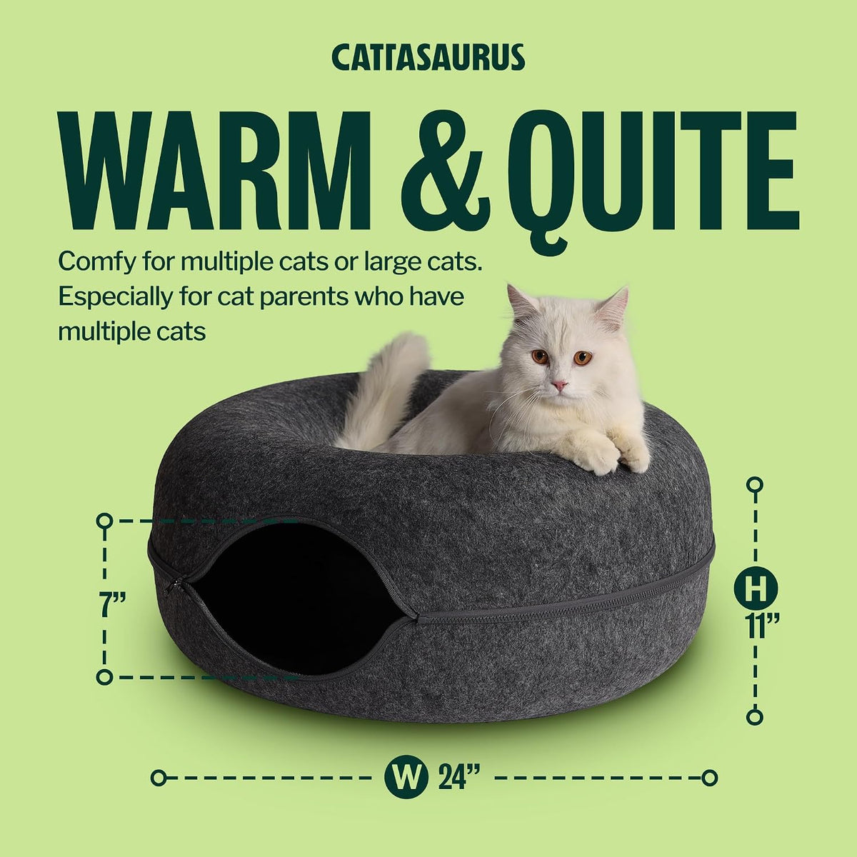 Cattasaurus Peekaboo Cat Cave Donut for Multiple & Large Cats up to 30-45 lbs, 3-in-1 Self Warming Cat Bed, Tunnel & Scratcher for Indoor Cats, Washable & Detachable (Dark Gray + Dark Gray, Large)