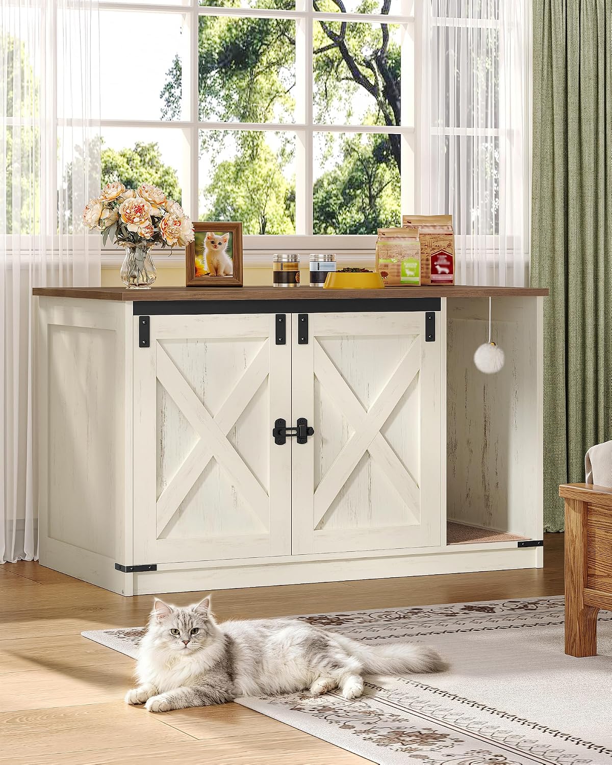Hzuaneri Cat Litter Box Enclosure, Hidden Litter Box Cabinet Furniture | Indoor Cat House with Bell, Farmhouse Style, 31.5 x 19.7 x 20.9 Inches, for Hallway, Bedroom, Rustic Brown and White CB85214X