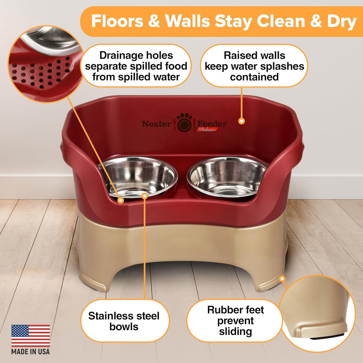 Neater Pet Brands Neater Feeder Deluxe Mess Proof Dog Bowls Elevated for Large Dogs Over 40 lbs, Made in USA, No Spill Raised Dog Food Bowl Stand Feeding Station, Food and Water Bowl Set, Cranberry 