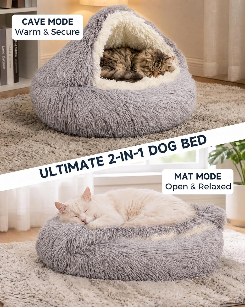 ShinHye Cat Bed Round Plush Fluffy Hooded Cat Bed Cave, Cozy for Indoor Cats or Small Dog beds, Soothing Pet Beds Doughnut Calm Anti-nxiety Dog Bed - Waterproof Bottom Washable, (23×23inch, Coffee)