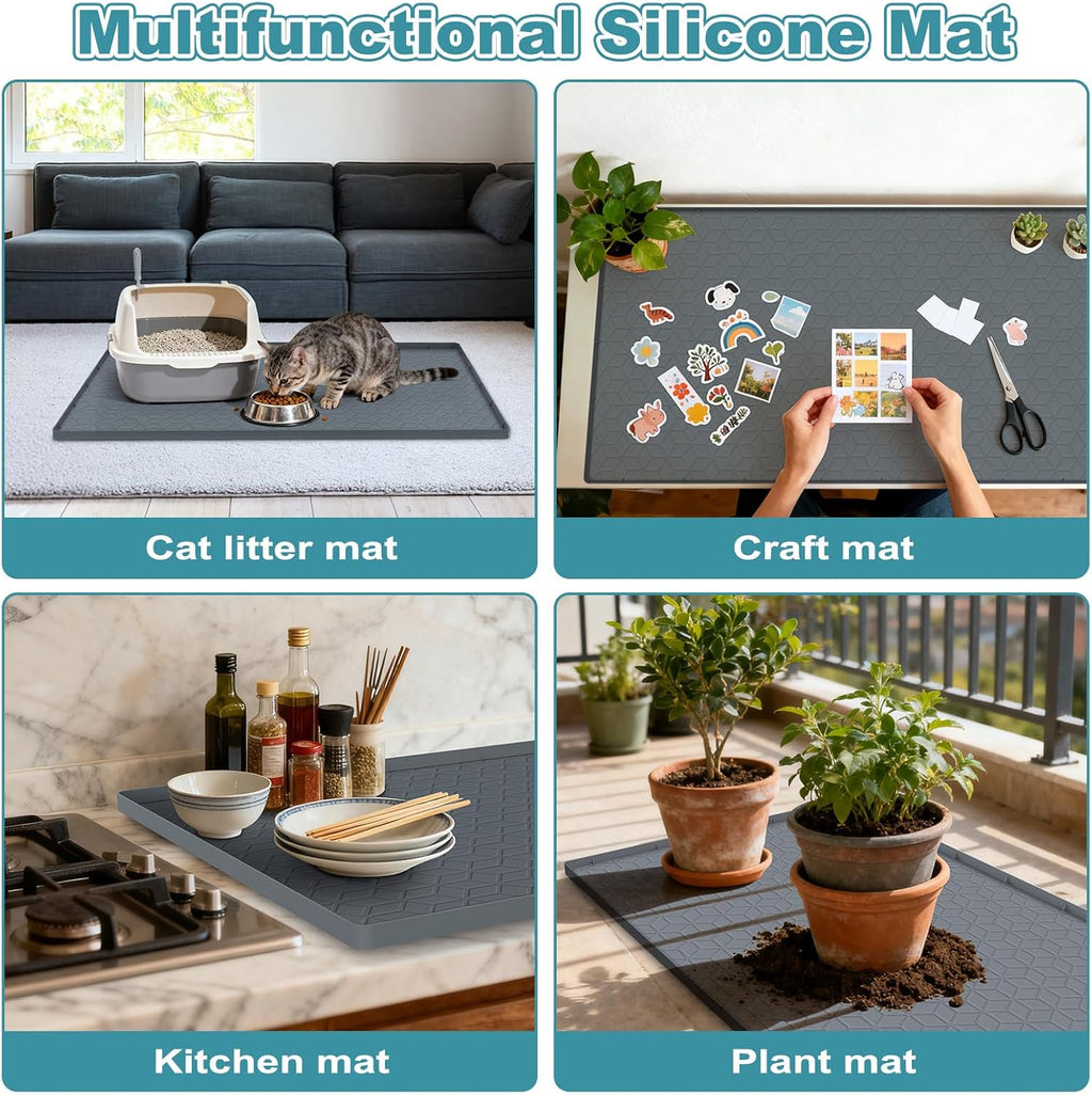 MECHEER Cat Litter Mat Litter Trapping Mat, Silicone Cat Litter Box Mats for Floor, Non-Slip Litterbox Mat with Raised Edge, Easy Clean Pet Feeding Mat for Indoor Cats 34" X 22" Gray