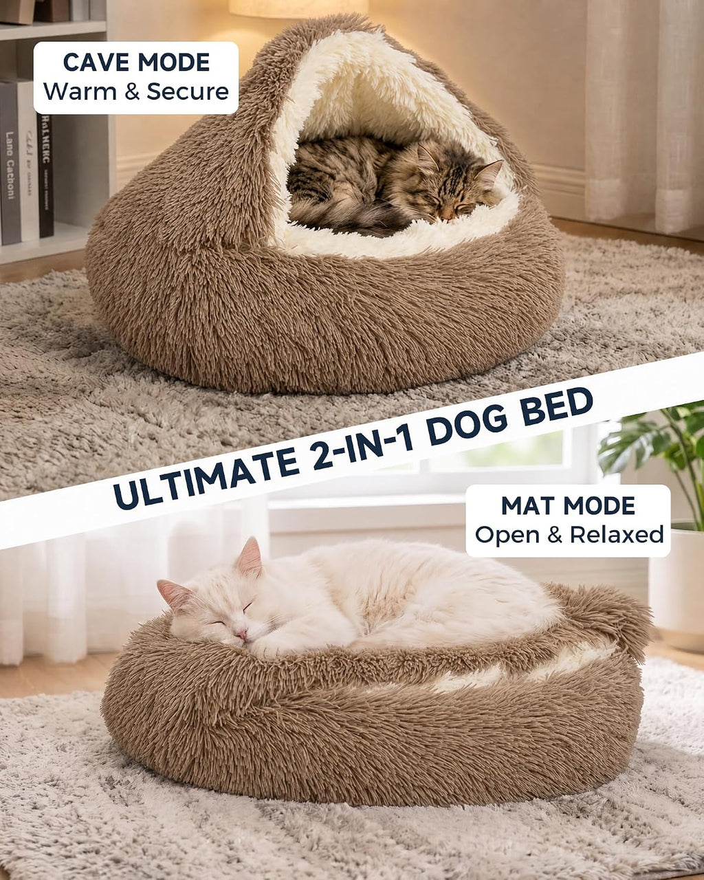 ShinHye Round Plush Fluffy Hooded Cat Bed Cave, Cozy for Indoor Cats or Small Dogs, Waterproof Bottom, Washable（23 in）