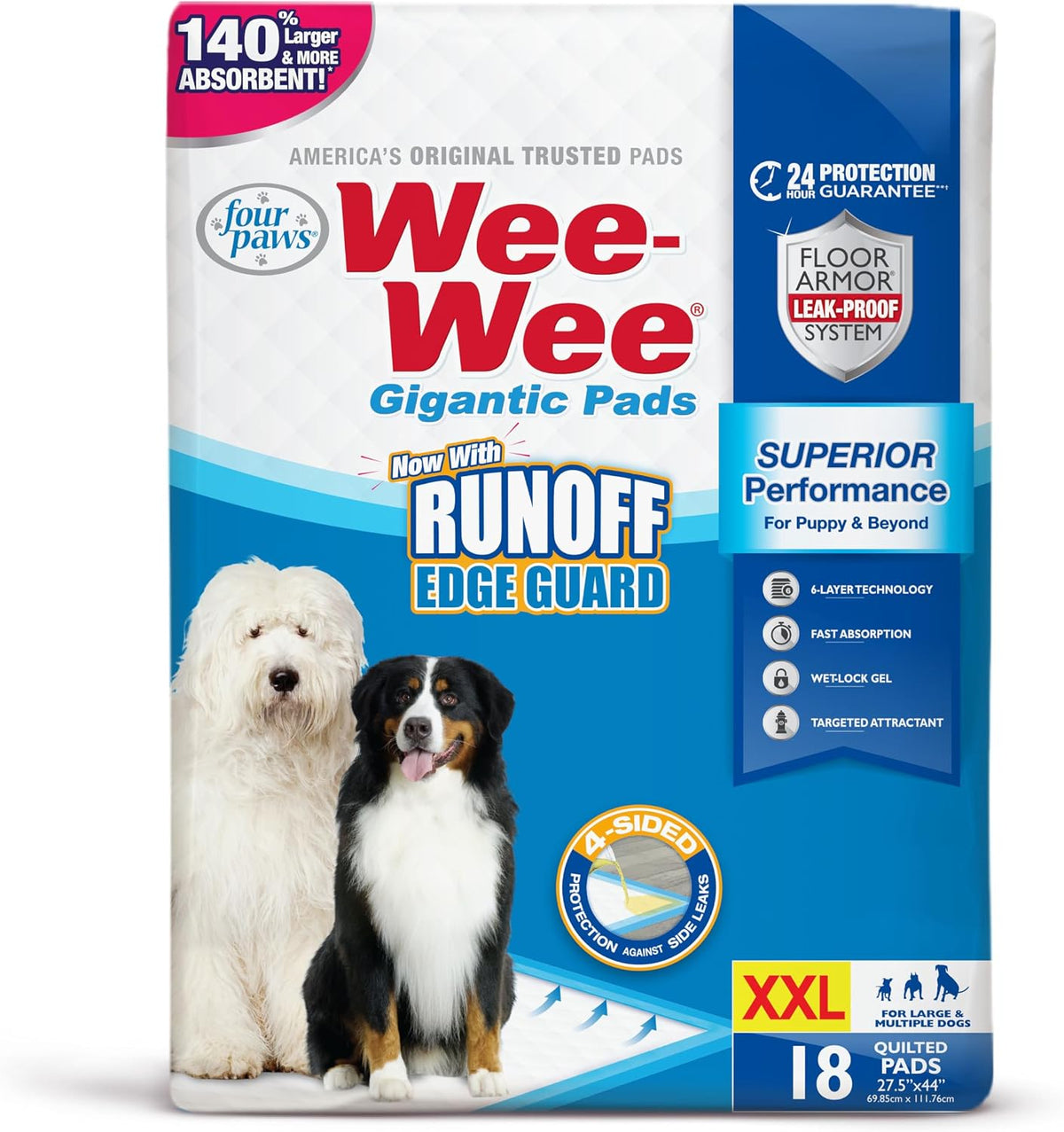Four Paws Wee-Wee Superior Performance Gigantic Dog Pee Pads, 18 Count | Puppy & dog potty training pads, all day floor protection, housebreaking pet supplies, leak-proof puppy pads, 27.5" x 44"