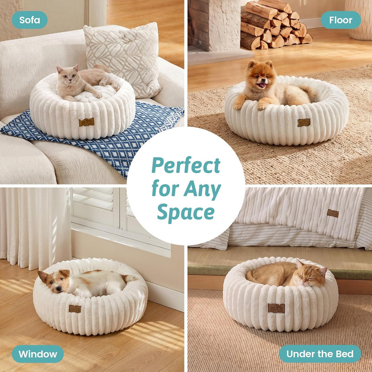 COZY KISS Calming Cat Bed, Donut Kitten Bed, Small Round Dog Bed 20in Cream