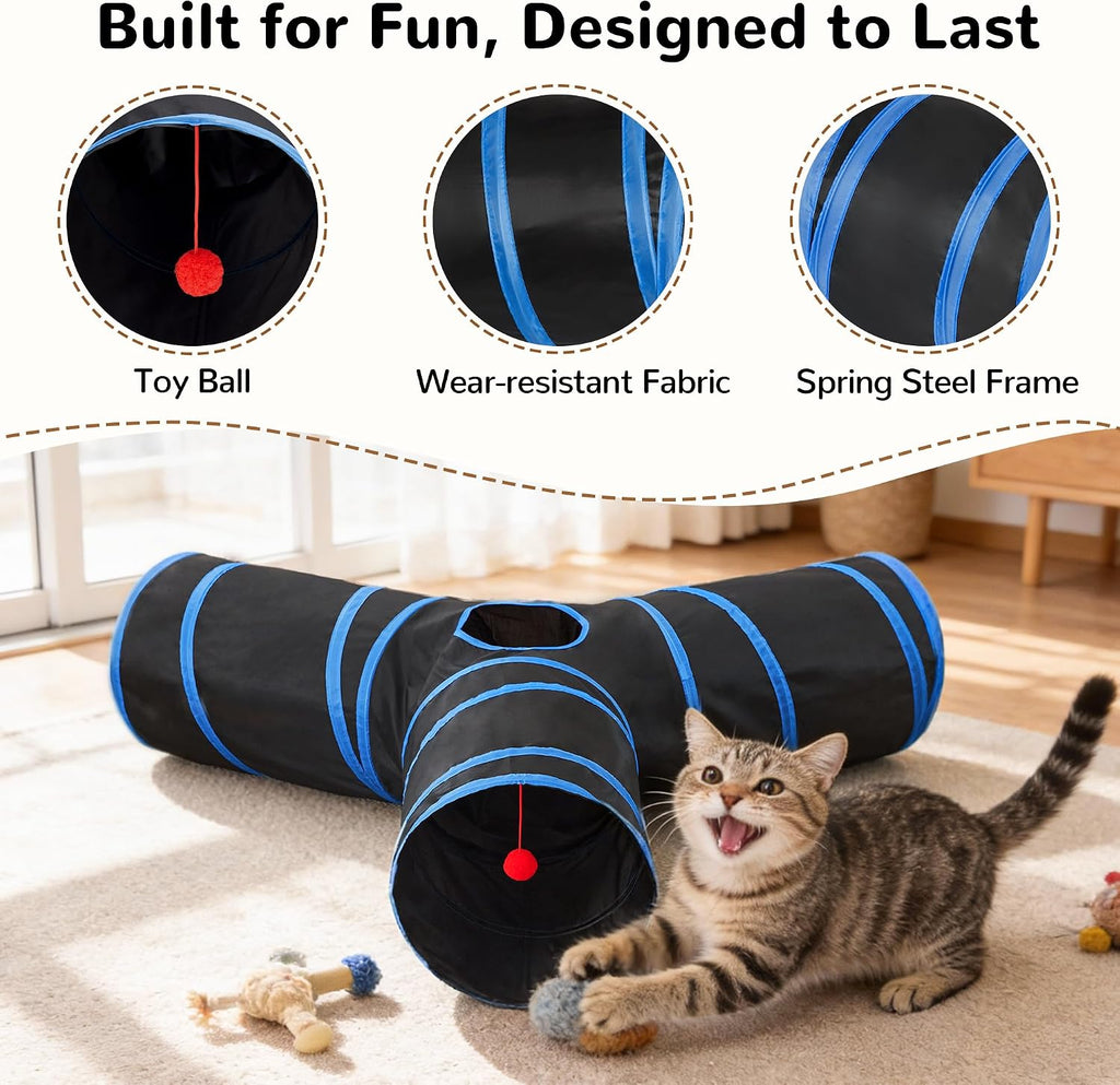 Tempcore Cat Tunnel, 3-Way Collapsible Toy, Large Size Black & Royal Blue | Large Size 3-Way Cat Tunnel Provides More Room for Cats to Run, Hide and Chase, with Peek Holes, Hanging Ball and Teaser Wand