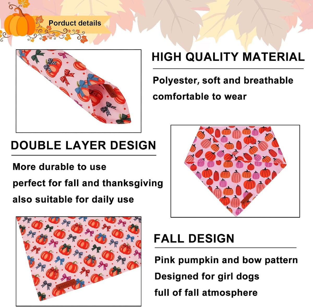 ADOGGYGO Fall Dog Bandanas Girl, Pink Bow Pumpkin Thanksgiving Bandana, L