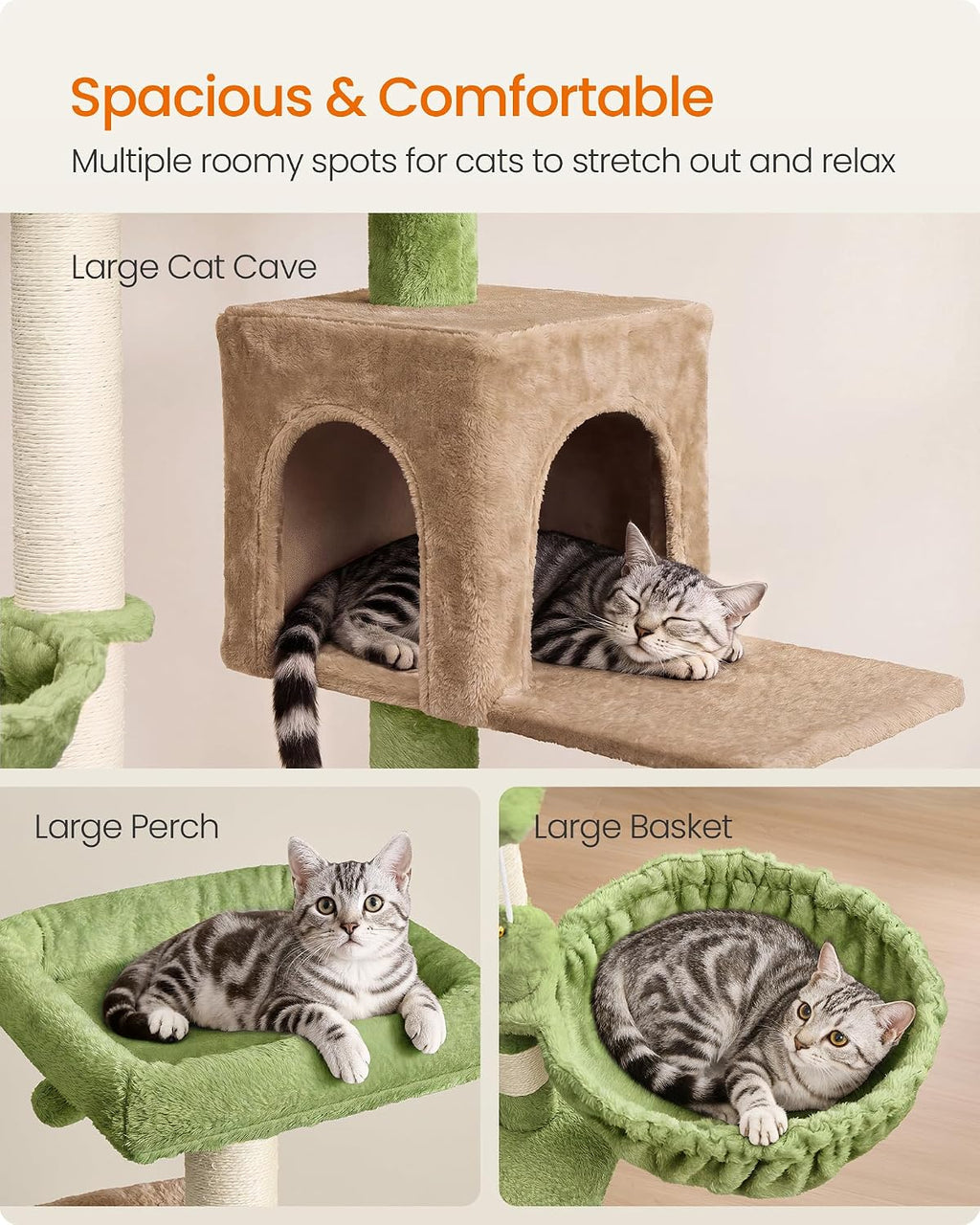 Feandrea Cat Tree, 68.5-in Tall Cat Tower, Multi-Level Condo, Green
