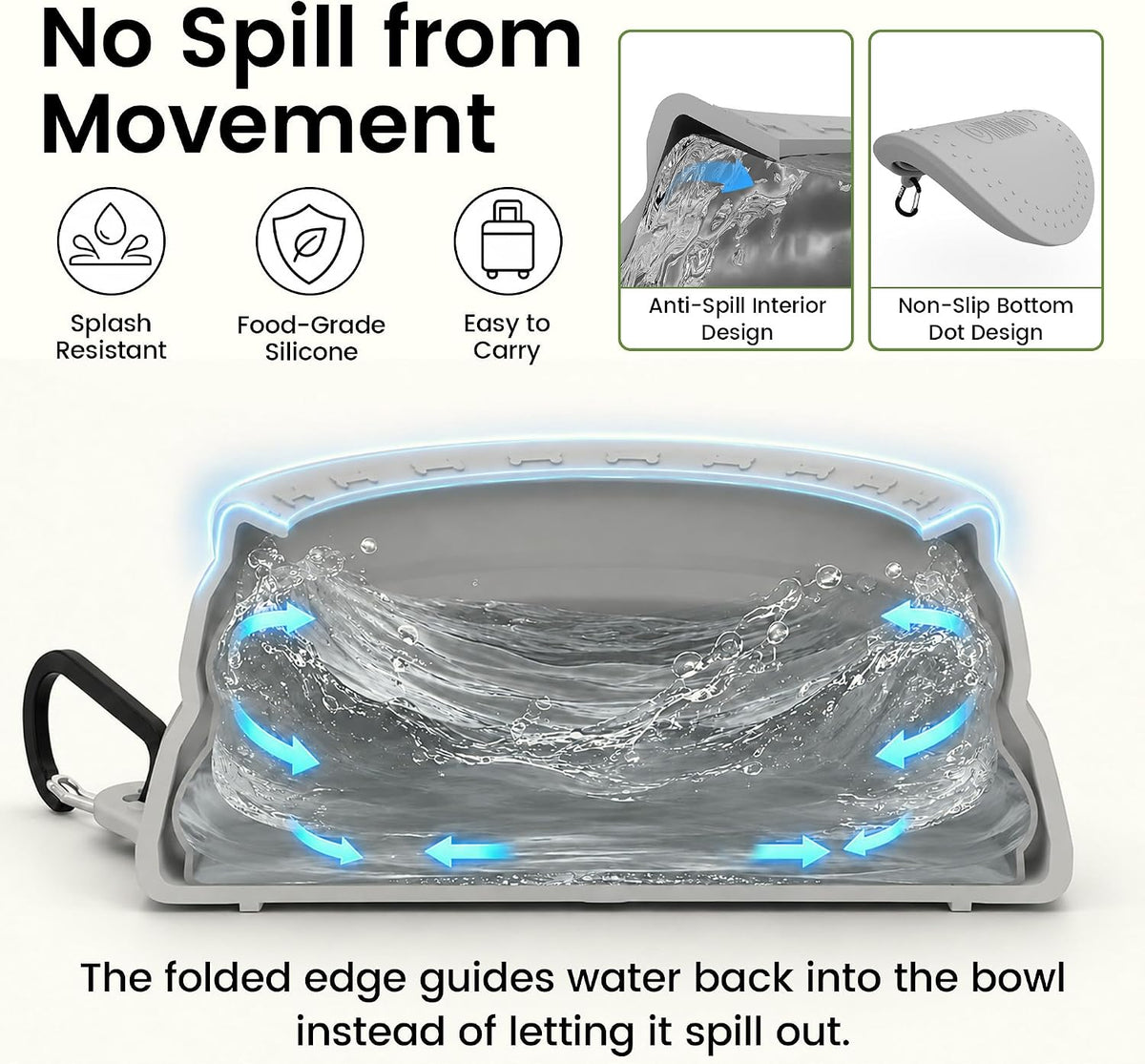 OHMO Spill Proof Collapsible Dog Bowl, 34oz Portable Dog Water Bowl | Low Center Gravity Stability, Tapered Splash Control, Foldable, Dishwasher Safe, Dog Travel Essential, Ash