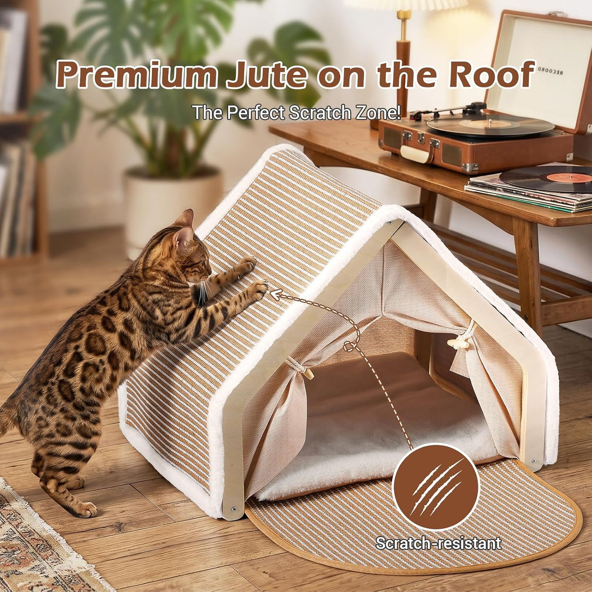 Cat House Indoor, 3-in-1 Wicker Cat Condo Scratcher Cave