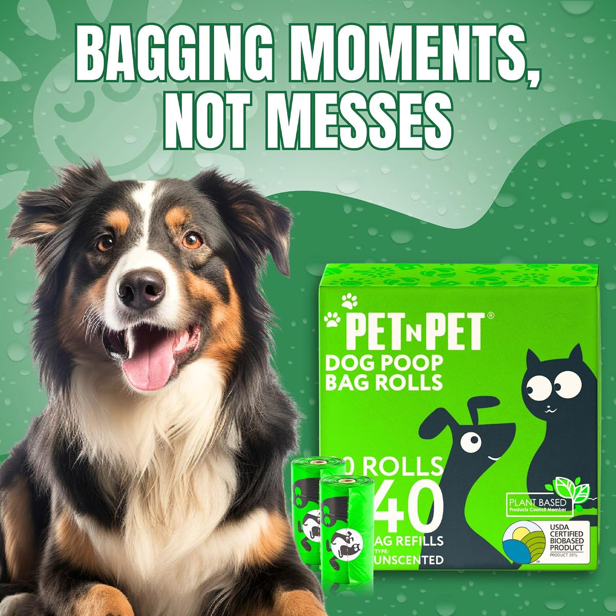 Pet N Pet Dog Poop Bags Rolls, 540 Count, Plant Based, Unscented, Green | 41%, 59% PE, Extra Thick, 9 x 13, Waste, Supplies, Leak-Proof, Tear-Resistant, Easy-Tear Design, Durable, dog waste bags