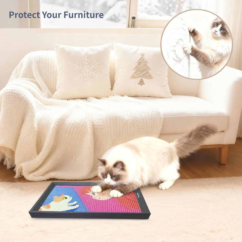 Decorative Wall Art Cat Scratcher for Indoor Cats, Wall Mounted Sisal Cat Scratching Board with Solid Wood Frame, Furniture Protector, Easy No-Drill Install, 17 x 13 in