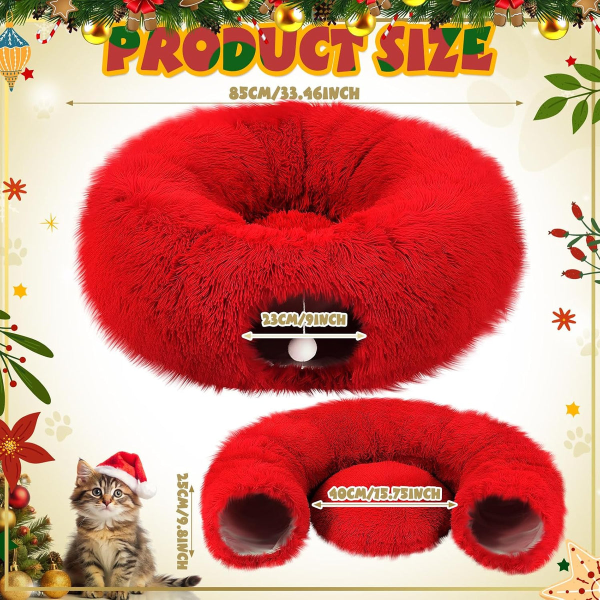 Thyle Christmas Cat Tunnel Bed, Red, 3ft X 3ft X 9.8in, Plush