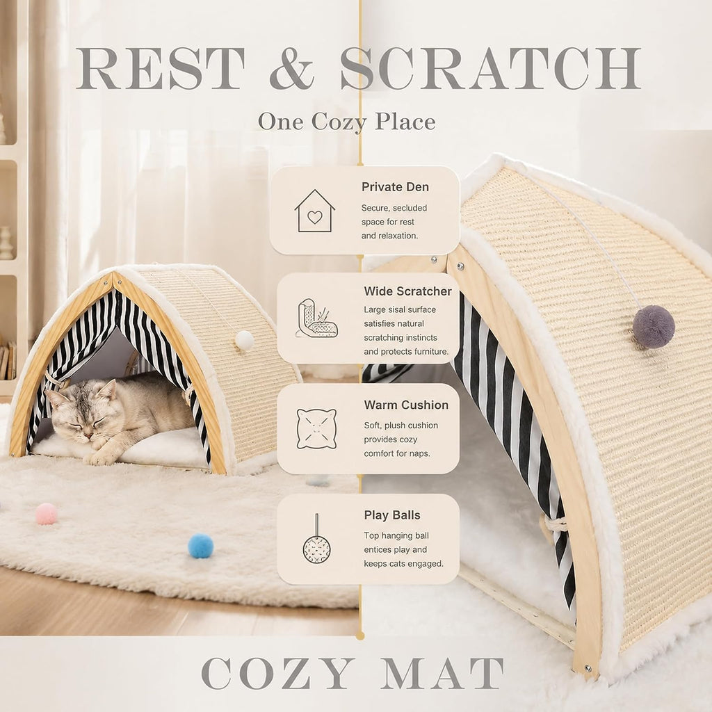 Cat House, Cat Beds for Indoor Cats, Cat Scratchers with Sisal Scratching Board, Cat Scratcher Bed with Fluffy Ball Hanging, Cat Condo 20x16x16 inches