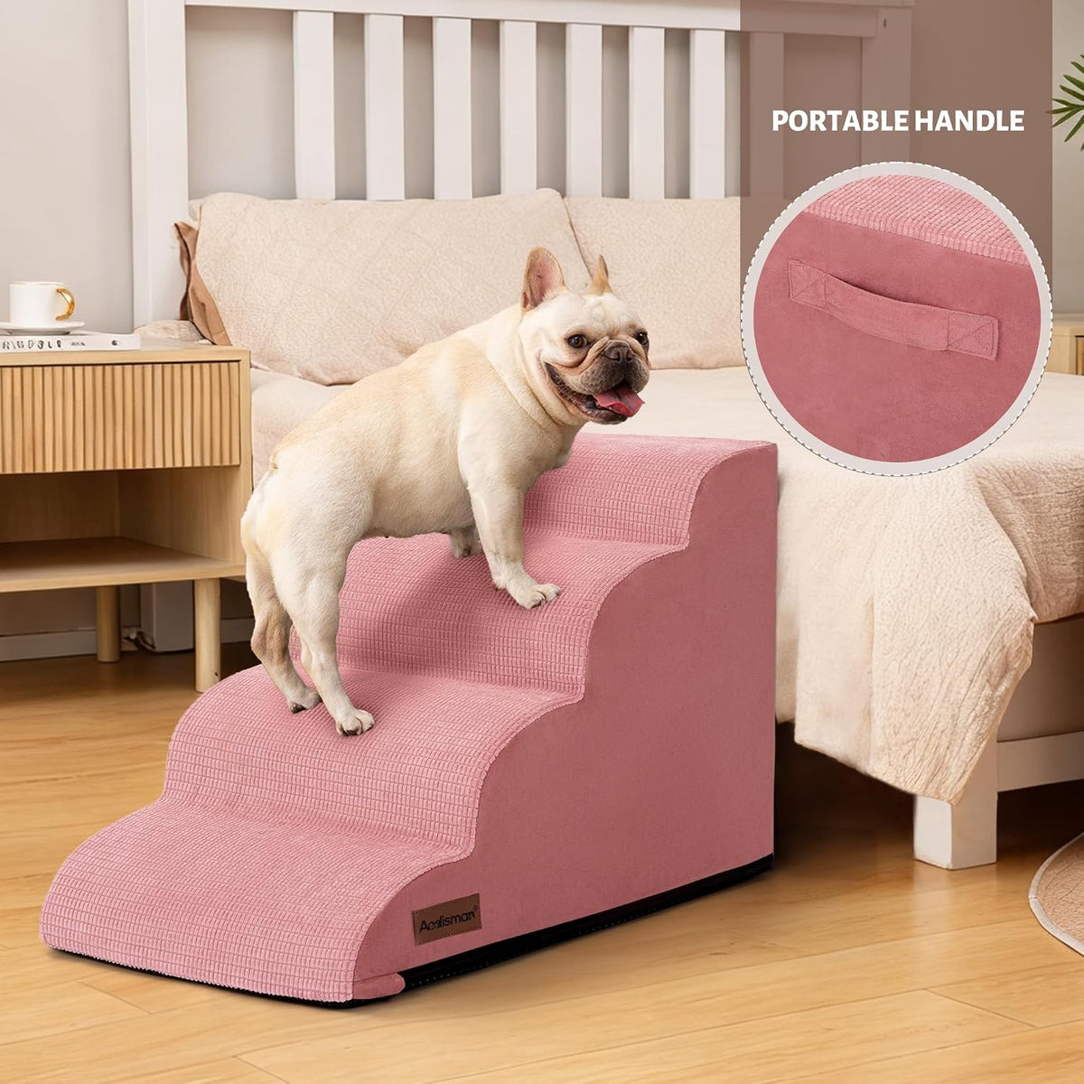 4-Step Dog Stairs for Bed or Couch, Pink Pet Ramp for Small Dogs, Cats