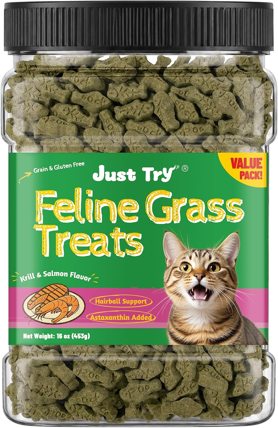 Just Try 16oz Feline Grass Treats AntarcticKrill Flavor Cat Hairball Treats