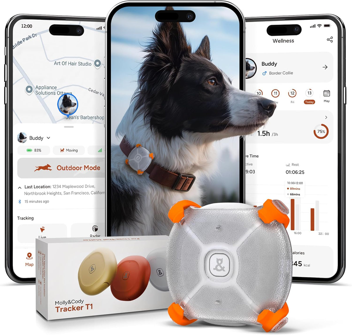 Molly&Cody Smart Dog & Cat GPS Tracker, 4 Smart Modes Real-Time Pet Tracker with Custom Virtual Fence IP67 Waterproof Location History & 365-Day Health Data Monitoring, Subscription Required