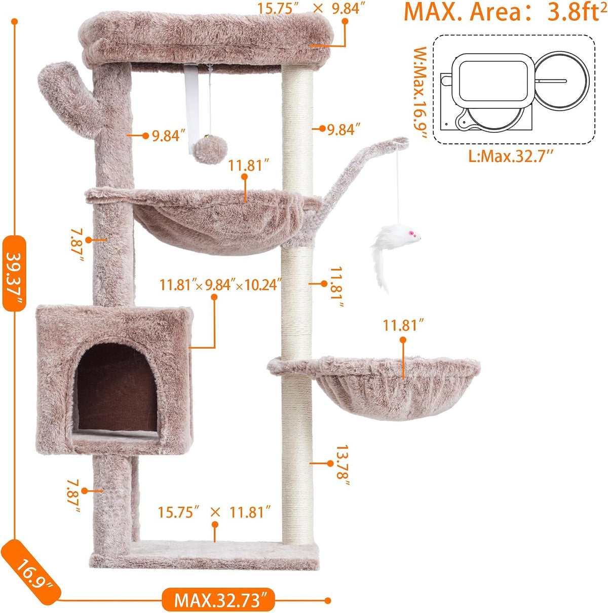 Heybly Cat Tree, 39" Tower with All-Sisal Wrapped Scratching Post HCT006SMU