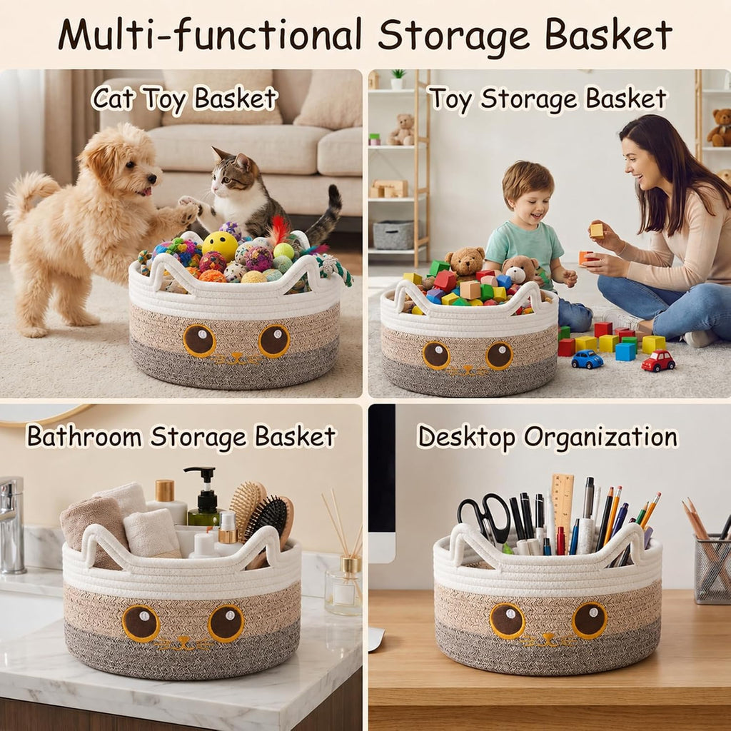 Small Round Dog Toy Basket,Cotton Rope Storage Basket for Living Room,Brown