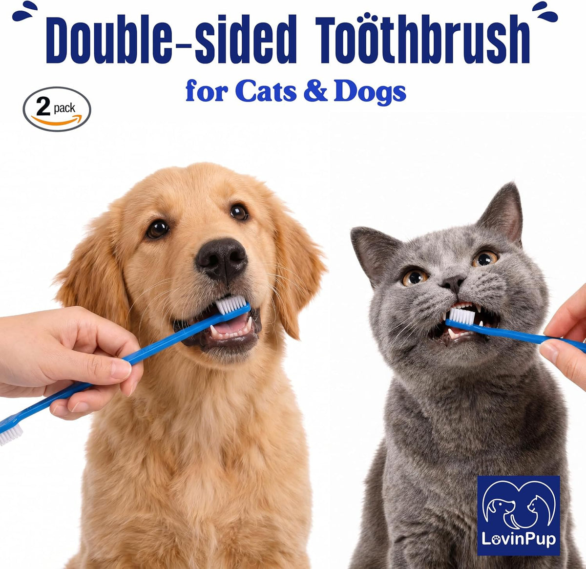 Double-Sided Dog Toothbrush Set – Cat & Dog Toothbrushes (2-Pack) | Pet Toothbrushes w/Soft Bristles – Long Handle & Gentle Cleaning Design for Pet Dental Care, Plaque & Tartar Removal at Home 