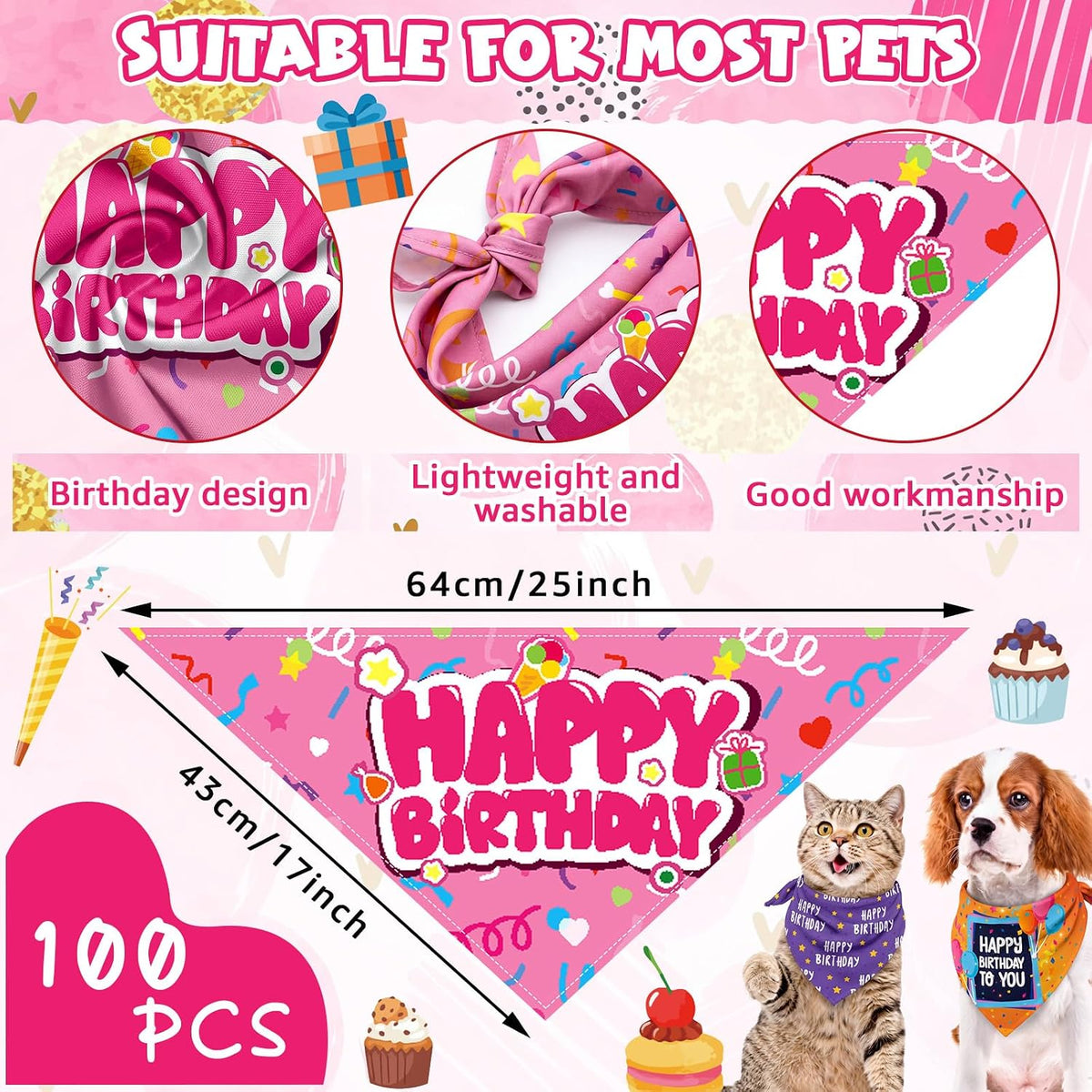 Huhumy 100 Pcs Birthday Dog Bandanas Bulk Bandanas for Medium Large Dogs