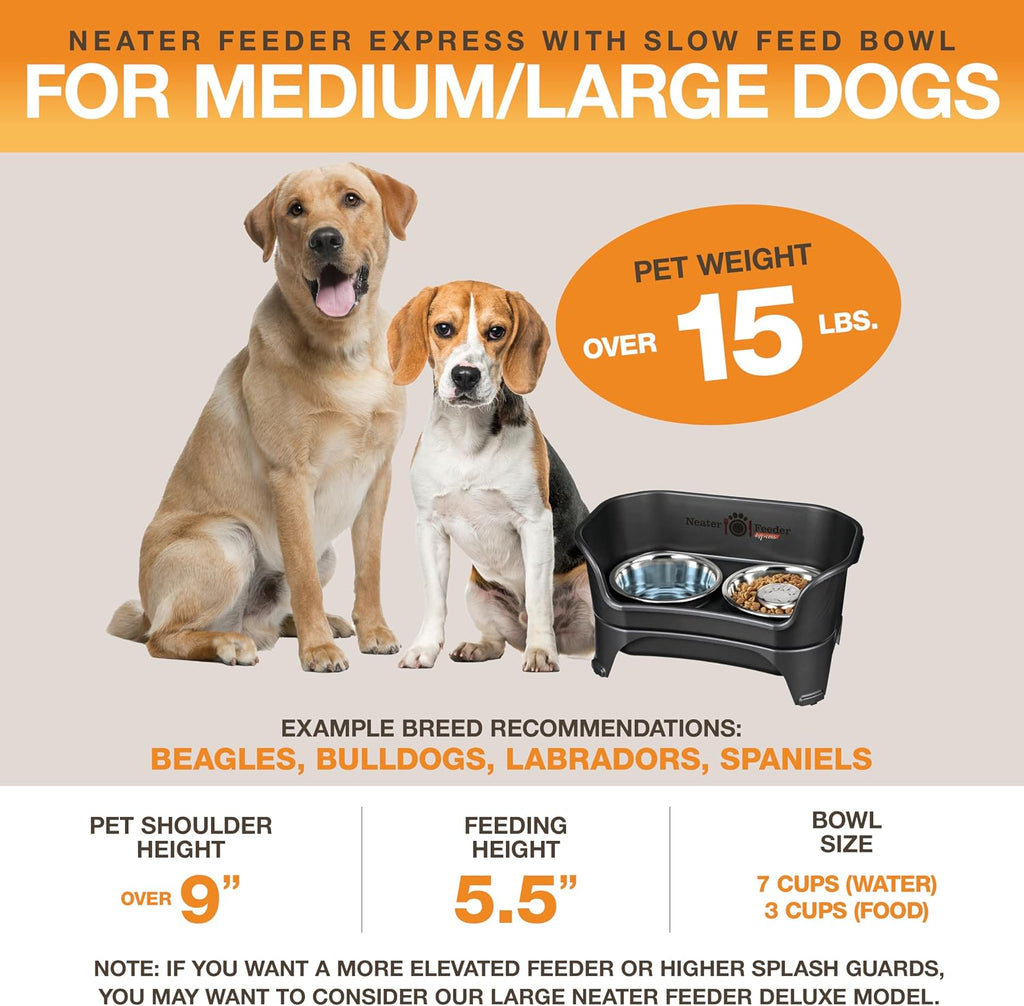 Neater Feeder - Express Model w/ Slow Feed Bowl - Mess-Proof Dog Bowls (M/L, Black) Made in USA – Elevated, No Spill, Non-Tip, Non-Slip, Raised Stainless Steel Food/Water Pet Bowls Aid Digestion 