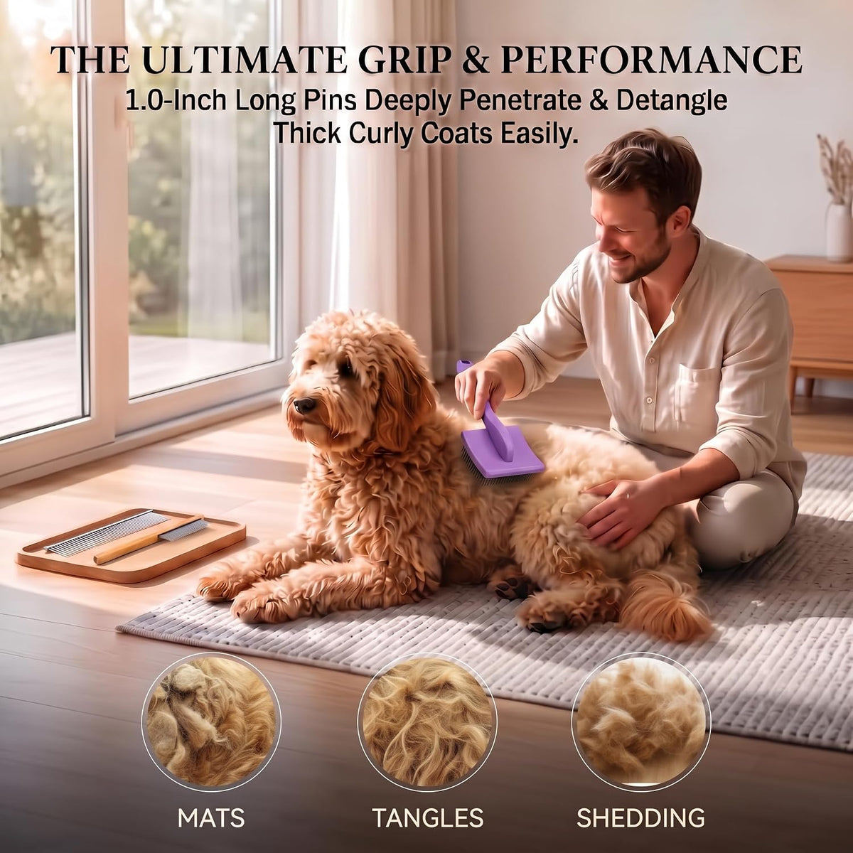 OZYGIFT 3-in-1 Long Pin Slicker Brush Set, Pet Grooming Kit, Purple