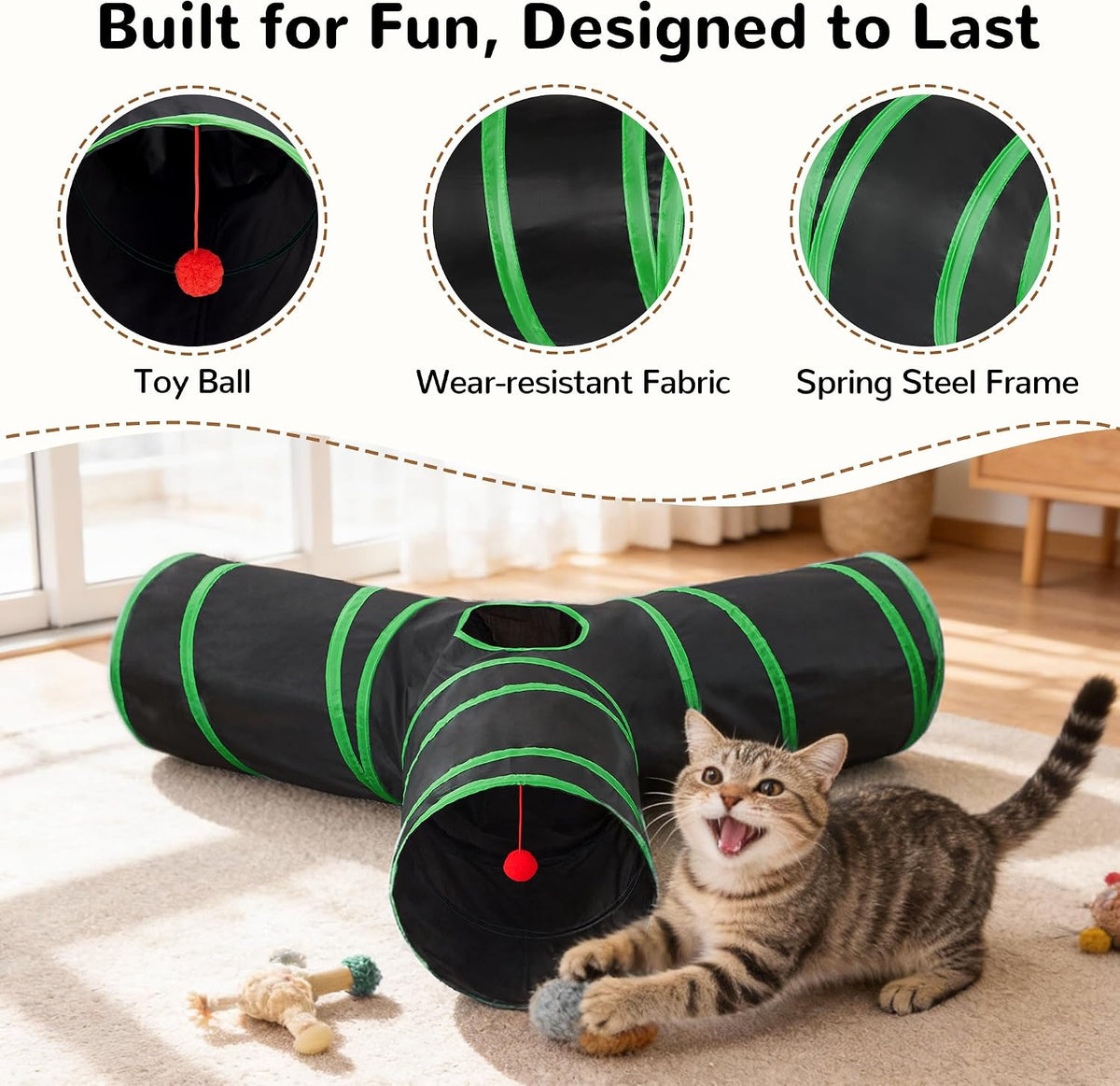 Tempcore Cat Tunnel, 3-Way Collapsible Toy, Large Size Black & Green | Large Size 3-Way Cat Tunnel Provides More Room for Cats to Run, Hide and Chase, with Peek Holes, Hanging Ball and Teaser Wand