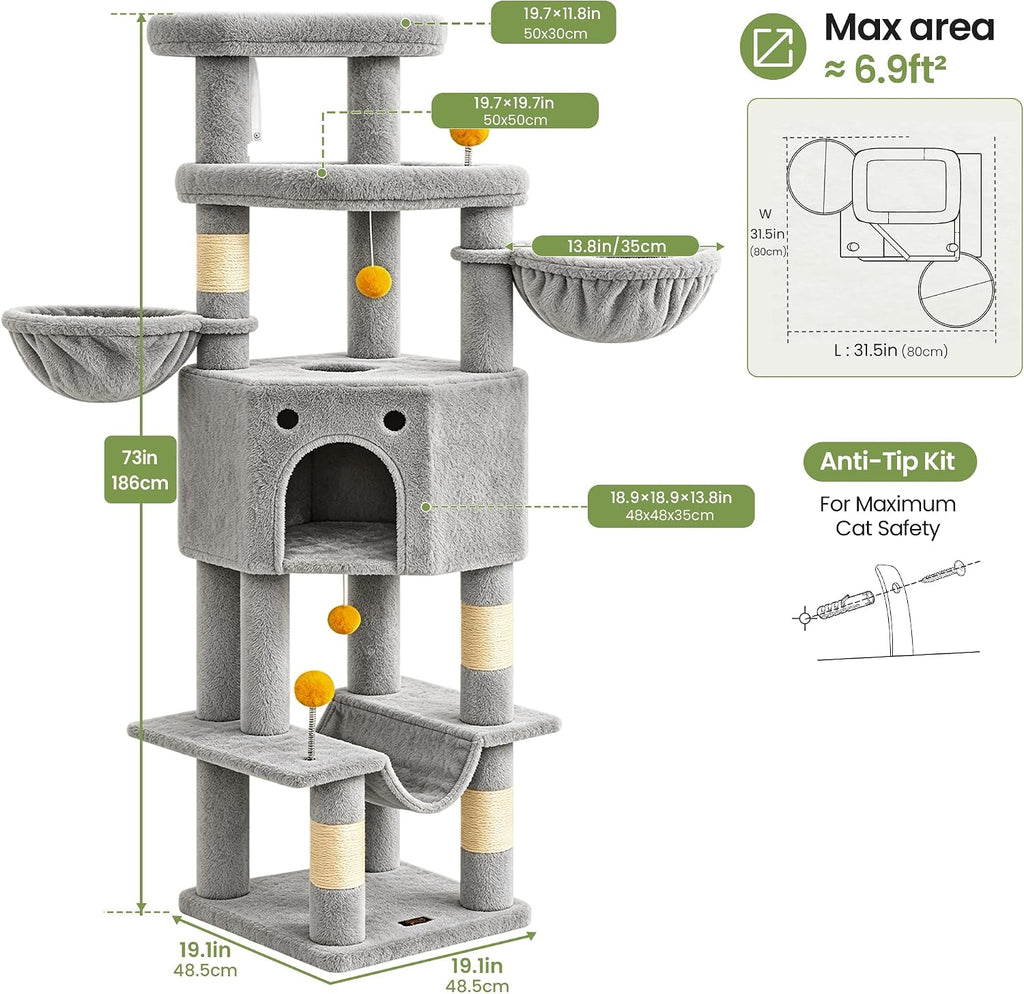 Cat Tree Tower for Indoor Large Adult Cats, 73in Tall Heavy Duty with Perch