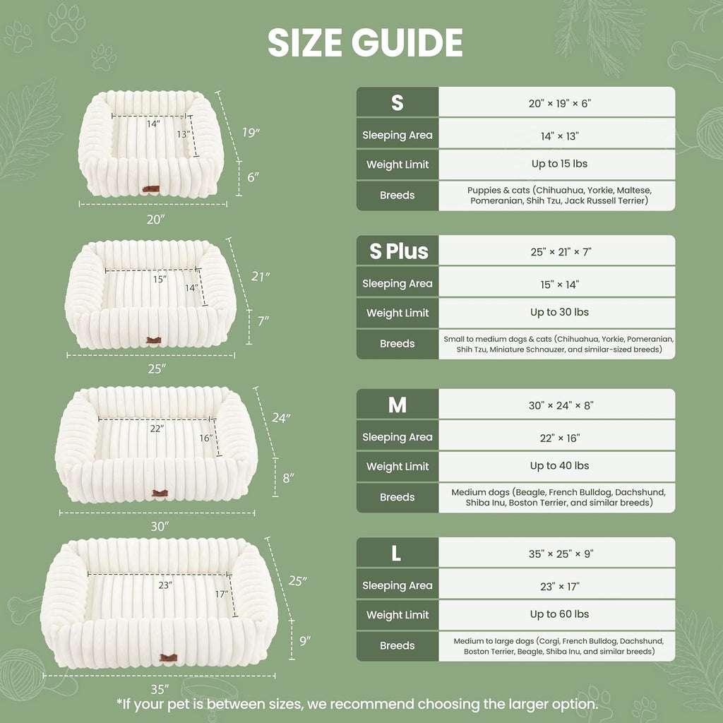 Washable Dog Bed for Small Medium Dogs, Rectangle Orthopedic Pet Bed with Removable Cover, Fluffy Memory Foam Dog Beds with Anti-Slip Bottom, Cream (25x21x7 inches)