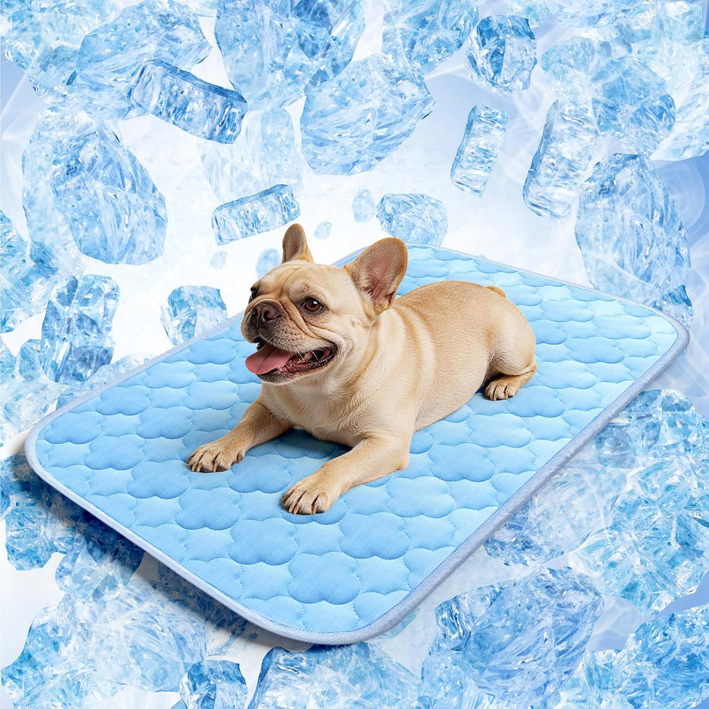 Pet Cooling Mats for Dogs, Cooling Pet Bed Outdoor & Indoor Use w Ice Silk Fabric & Waterproof Cover, Summer Cool Pad 29" x 18", Non-Slip Washable Pet Blanket for Crate Kennel Travel (Cryo Ice Blue)