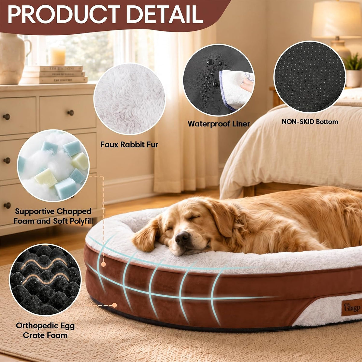 Orthopedic Dog Beds Large Sized Dog, Washable Dog Bed, 48" L, Brown